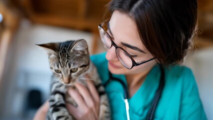 Veterinarian affectionately holding gray striped cat pet animal health and professional veterinary care