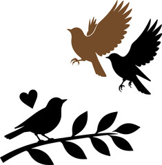 Two birds flying, one perched on a branch with heart