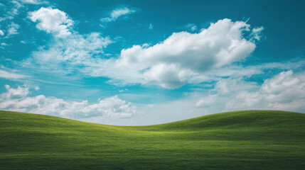 Green hill blue sky white cloud rolling landscape grassy meadow open field sunlight horizon pastoral summer day