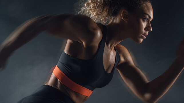 Fit woman sprinting in athletic wear, muscular shoulders and curly hair glistening with sweat in dramatic side light, conveying motion and determination