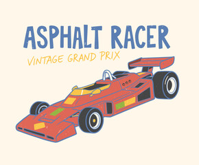 Naklejka premium Vintage Race Car Vector.Retro Grand Prix Design.Asphalt Racer Illustration.Classic F1 Style Graphic.Distressed Open Wheeler