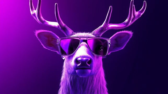 Cool deer with stylish sunglasses and glowing antlers poses confidently against a vibrant purple backdrop, exuding modern charisma and playful energy for dynamic marketing campaigns.