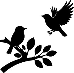 Silhouette of two birds on a branch, one taking flight, clean design