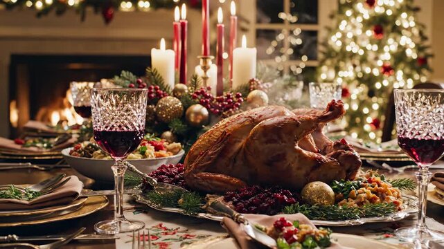 Decorated christmas dinner table with roasted turkey, festive candles, wine, and a glowing christmas tree for holiday celebration