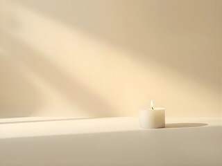 Soft warm light streams across a minimal studio setup highlighting a single white candle with a gentle flame, creating a serene and tranquil atmosphere perfect for wellness and mindfulness concepts.