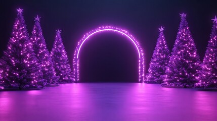 Stunning neon archway illuminates a festive scene of glowing purple Christmas trees, creating a magical and inviting holiday atmosphere for celebrations