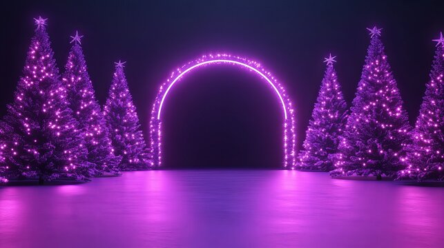 Stunning neon archway illuminates a festive scene of glowing purple Christmas trees, creating a magical and inviting holiday atmosphere for celebrations
