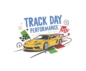 Track Day Performance Design.Retro Sportscar Illustration.High Speed Race Car Graphic.Motorsport Vintage Art.Yellow Car Speed Vector