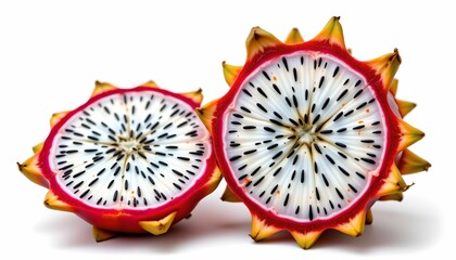 Two dragon fruit halves with their seed arrangement exposed against a white background
