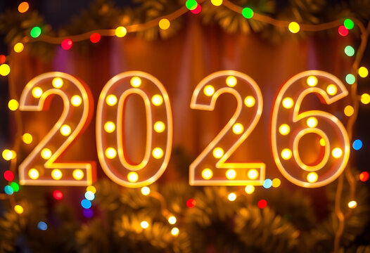 2026 glowing numbers with colorful string lights and festive decorations on a blurred background. New Year celebration concept for design and print