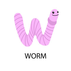 Adorable smiling pink worm cartoon character forming the letter W
