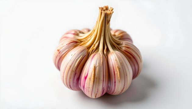 An uncut garlic bulb with its papery skin removed to reveal the distinctive pattern of cloves