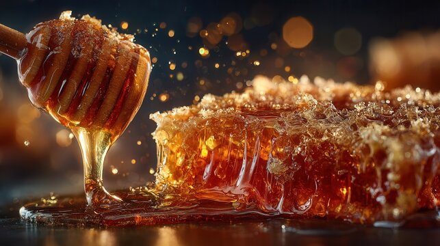 Artistic food photography with golden honey flowing from comb onto rustic surface