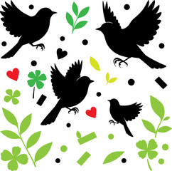 Silhouettes of birds and floral elements on a white background
