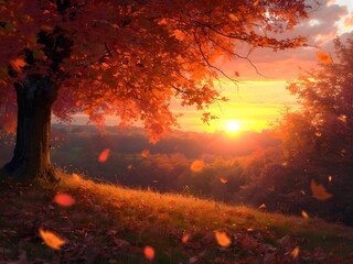Vibrant autumn sunset paints the sky with fiery hues, casting a warm glow over a tree-lined hill as leaves gently fall, creating a breathtaking scene of seasonal beauty and tranquil nature.