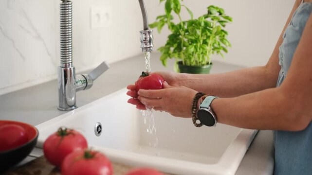 Young Woman Rinses Fresh Tomatoes In The Kitchen For A Fresh Vegetable Salad Caprese