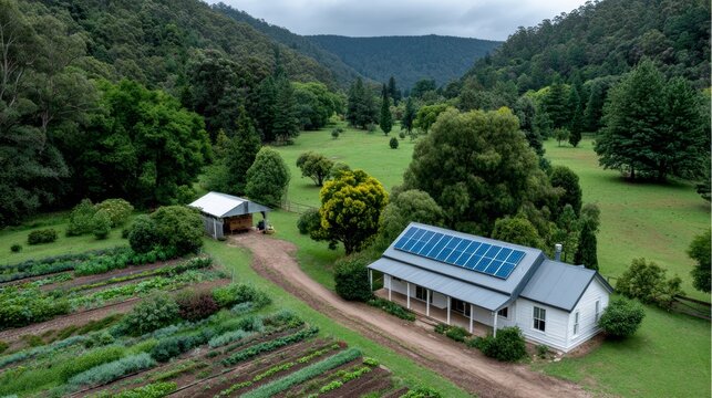 Harnessing solar energy solar cell grid board charges eco-friendly home in serene nature setting