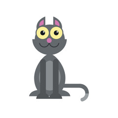 A cute gray cartoon cat sitting and staring forward with big yellow eyes in a flat design style