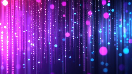Vibrant digital rain of glowing particles descends across a futuristic purple and blue abstract background, creating a dynamic atmosphere for technology and data.