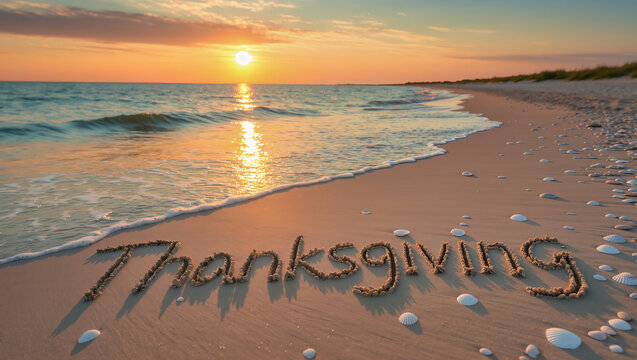 Golden sunset over a tranquil beach with the word Thanksgiving written in seashells on the sand, peaceful holiday coastal landscape. - Powered by Adobe