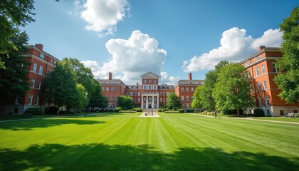 Large classic red brick university buildings frame vast green campus quad. Tall trees cast shadows on lawn under bright summer blue sky with white clouds. Place for students learning, study at higher