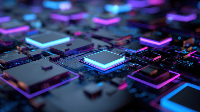 Glowing neon microchip on circuit board with layered square processors and futuristic lighting, high tech abstract scene with vibrant blue and purple mood and reflective metallic texture