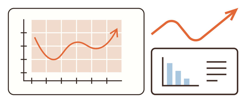 Line graph with rising trend, bar chart, and analytics icons representing growth, progress, and statistics. Ideal for business, finance, research, data visualization trends success and reporting