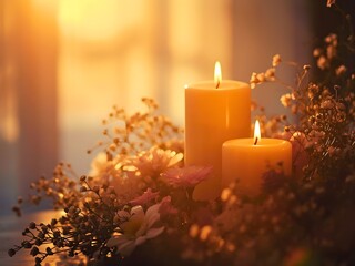 Warm, glowing candles nestled amongst delicate blossoms create a serene and inviting ambiance, perfect for moments of reflection, relaxation, or romantic settings.