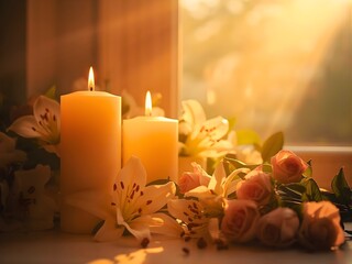 Serene scene of lit candles nestled amongst delicate lilies and soft pink roses, bathed in warm, golden sunlight filtering through a window, evoking peace and reflection