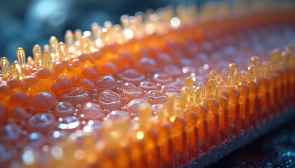 Microscopic view of cell membrane cross section. Phospholipid bilayer forms vibrant, glowing molecular structure. Science background for biology, medicine, biotech research. Shows intestinal villi,