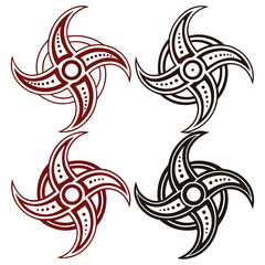 Illustration of fourpointed star design decorative element with curved arms and circular center, suitable for tribal, tattoo, or abstract art