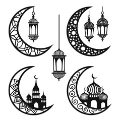 Elegant vector illustration featuring intricate crescent moons adorned with traditional lanterns and mosque silhouettes