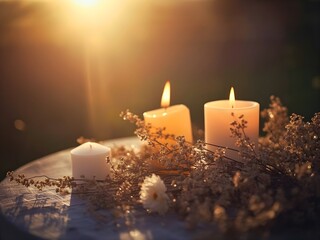 Glow of warm candlelight illuminates delicate dried flowers creating a serene and peaceful ambiance perfect for relaxation, meditation, or a romantic evening setting