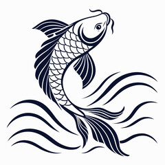 Elegant black and white illustration of a koi fish swimming gracefully in stylized waves, , symbolizing prosperity and good fortune