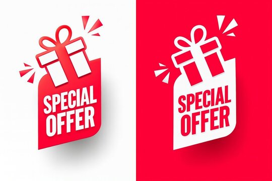 Two festive red gift tags with white ribbon and text reading special offer on white and red backgrounds