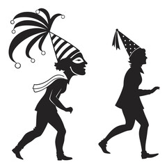 Two figures in festive attire, one with a jester hat and mask, the other with a pointed hat, dash forward in a whimsical celebration