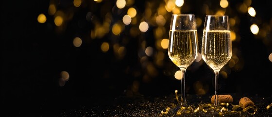 Horizontal background with champagne and bokeh, suitable for invitation cards, websites, and festive content.