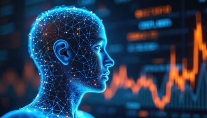Digital human head with connected lines and dots. Concept of AI in finance is in the background with stock market chart. Ethical implications of tech in financial advisory.