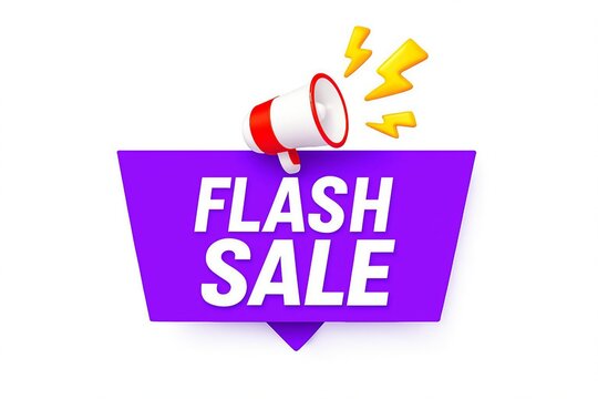 Loudspeaker announcing a vibrant purple flash sale with bright yellow lightning bolts on a white background perfect for promotions