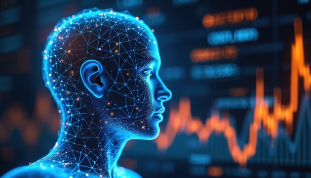 Digital human head with connected lines and dots. Concept of AI in finance is in the background with stock market chart. Ethical implications of tech in financial advisory. - Powered by Adobe