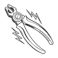 Illustration of a pair of linemans pliers with electrical sparks, the pliers are a tool used by electricians to cut, strip, and bend wires