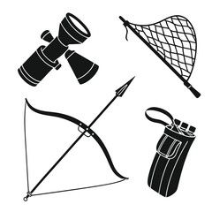 Illustration of hunting equipment including a scope, net, bow and arrow, and quiver, represents outdoor activities and hunting