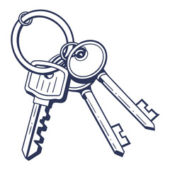 Illustration of a set of keys on a keyring, drawn in a simple, outlined style, the keys are depicted with clean lines