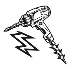 Illustration of a drill with a screw, surrounded by a lightning bolt, represents the power and precision of the tool