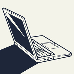 Illustration of a laptop computer with a shadow, the laptop is open and the screen is angled towards the viewer the keyboard is visible