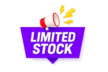 Bright purple banner with limited stock text and a megaphone announcing scarcity and urgency for sales promotions