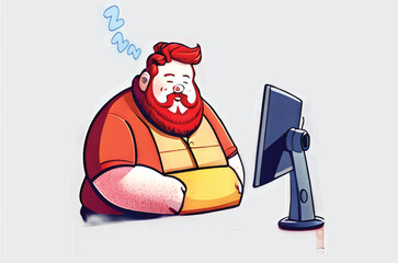 A cartoon illustration of a chubby man with red hair and beard sleeping in front of a computer monitor, indicated by "Zzz".