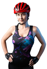 A young female cyclist wearing a safety helmet and glasses, dressed in a bib shorts poses against a black background in the studio.