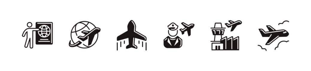 Global flight travel airport plane icon line set simple journey global transportation airplane with passenger passport signs vector illustration