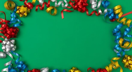 Colorful celebration with vibrant ribbons and confetti arranged around a bright green background for festive occasions and parties
